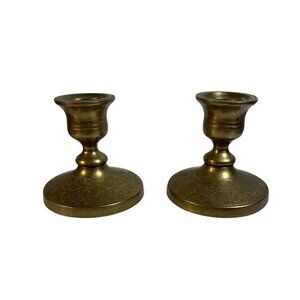 Brass Floral Engraved Candle Holders Set of 2 Matching 2.75" Tall Vintage